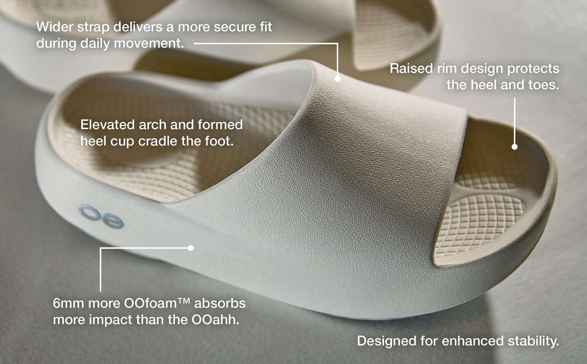 Chalk shoe with text highlighting features on a gray background