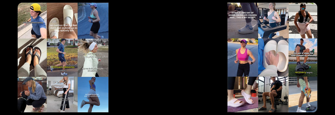 A collage of user-generated images of customers using OOFOS®