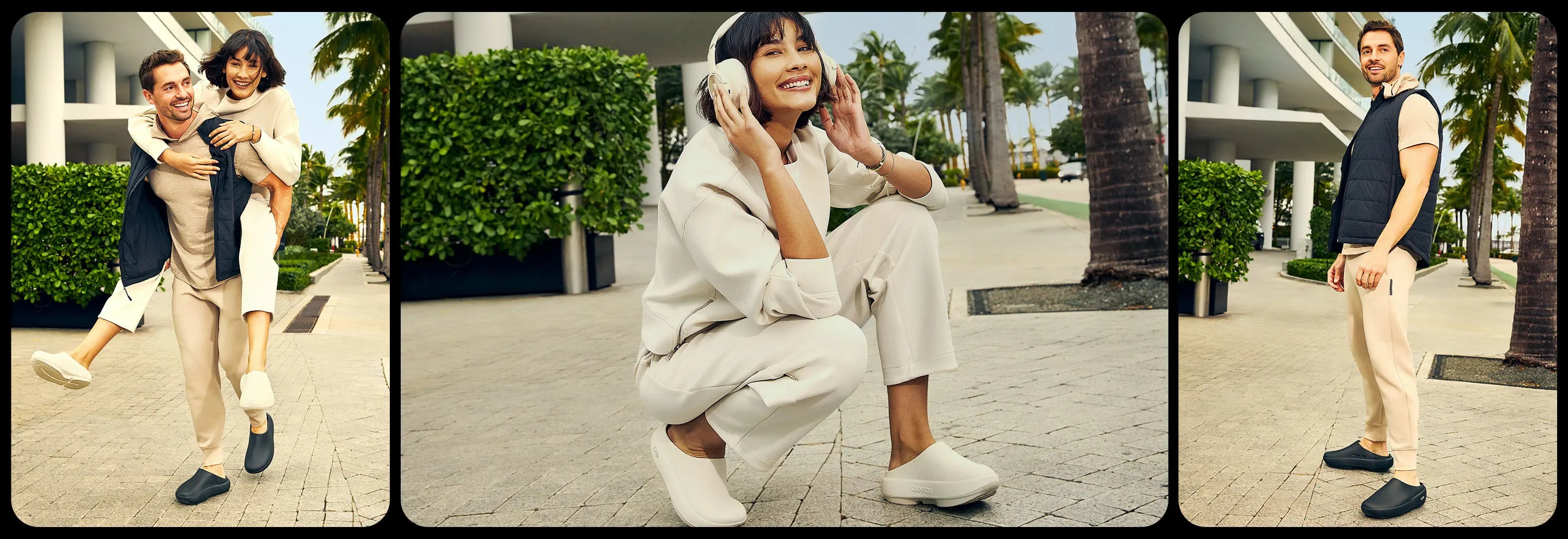 Collage of three people in different settings: a couple outdoors, a woman sitting on a bench, and a man walking.