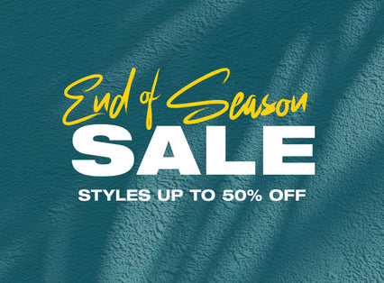 Promotional sale graphic with the text 'End of Season SALE' and 'STYLES UP TO 50% OFF' on a textured teal background.