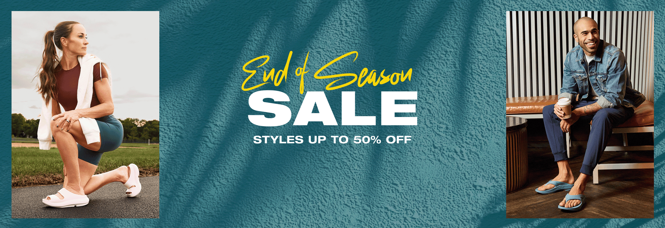 A promotional sale banner with a textured teal background, reading 'End of Season SALE' and 'STYLES UP TO 50% OFF.' On the left, a woman kneels outdoors wearing a sleeveless brown top, white shorts, and white sneakers.