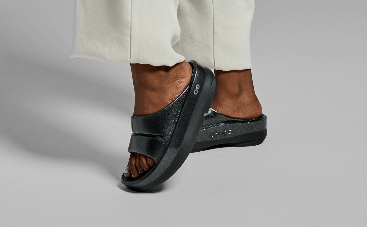 Women's OOmega OOahh Stacked Sandal - Black Sparkle – OOFOS Women's OOmega OOahh Stacked Sandal - Black Sparkle – OOFOS