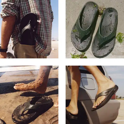 A four-panel collage showing OOFOS × Adsum OOriginal Limited Sandals in real-world dirty and beachy environments.
