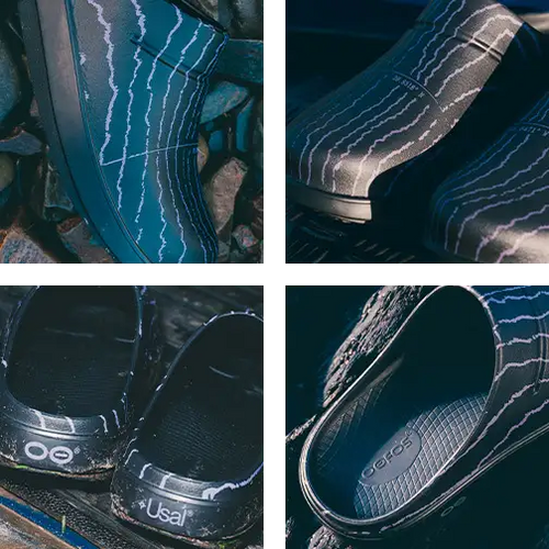 Collage of close-up shots of shoes with a focus on design and branding.