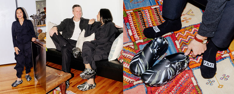 Three images showing a person in black shoes with 'oofos' branding, sitting on a couch, standing in a room, and on a colorful rug.