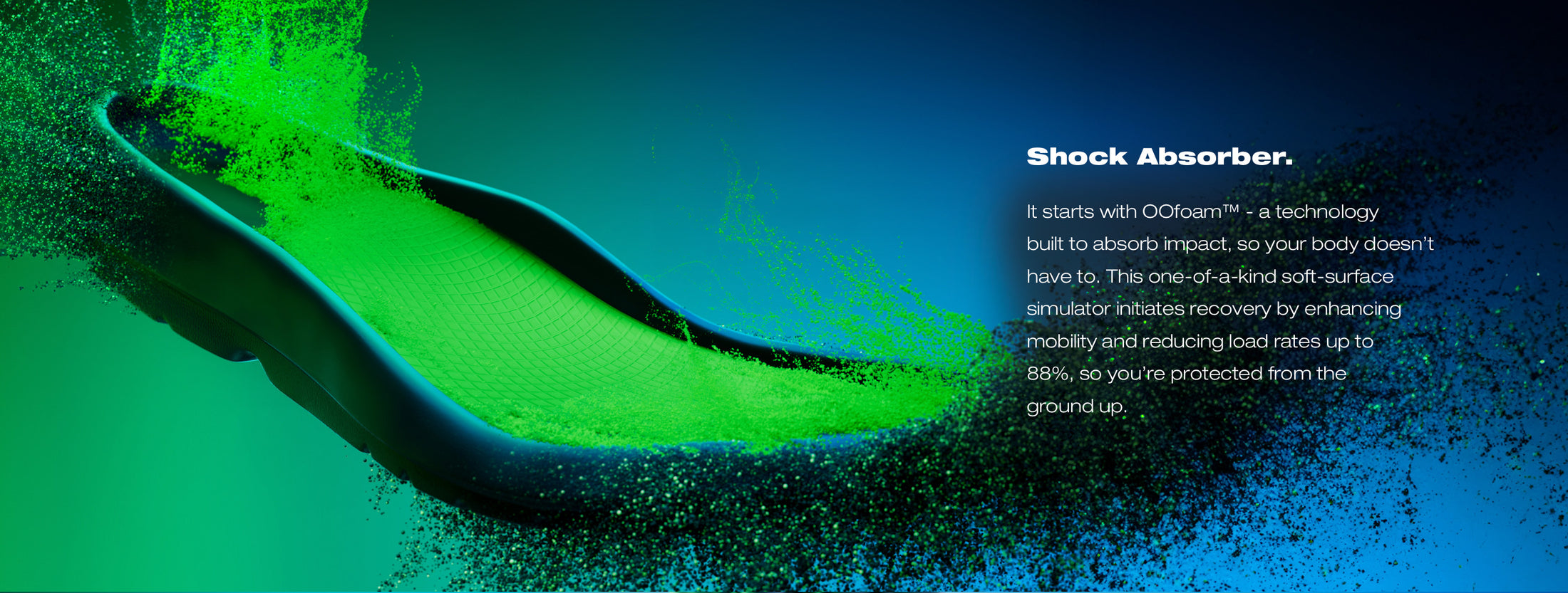 OOFOS OOfoam shock absorber technology graphic with text noting that it starts with OOfoam technology built to absorb impact so your body doesn’t have to. Continuing with this one-of-a-kind soft-surgace simulator initiates recovery by enhancing mobility and reducing load rates up to 88%, so you’re protected from the ground up.