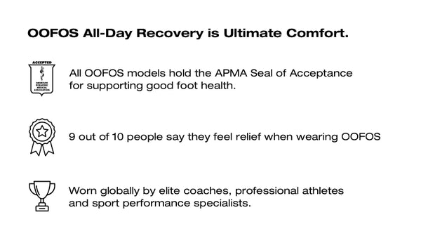 OOFOS All-Day Recovery is Ultimate Comfort. All OOFOS models hold the APMA Seal of Acceptance for supporting good foot health. 9 out of 10 people say they feel relief when wearing OOFOS. Worn globally by elite coaches, professional athletes and sport performance specialists.
