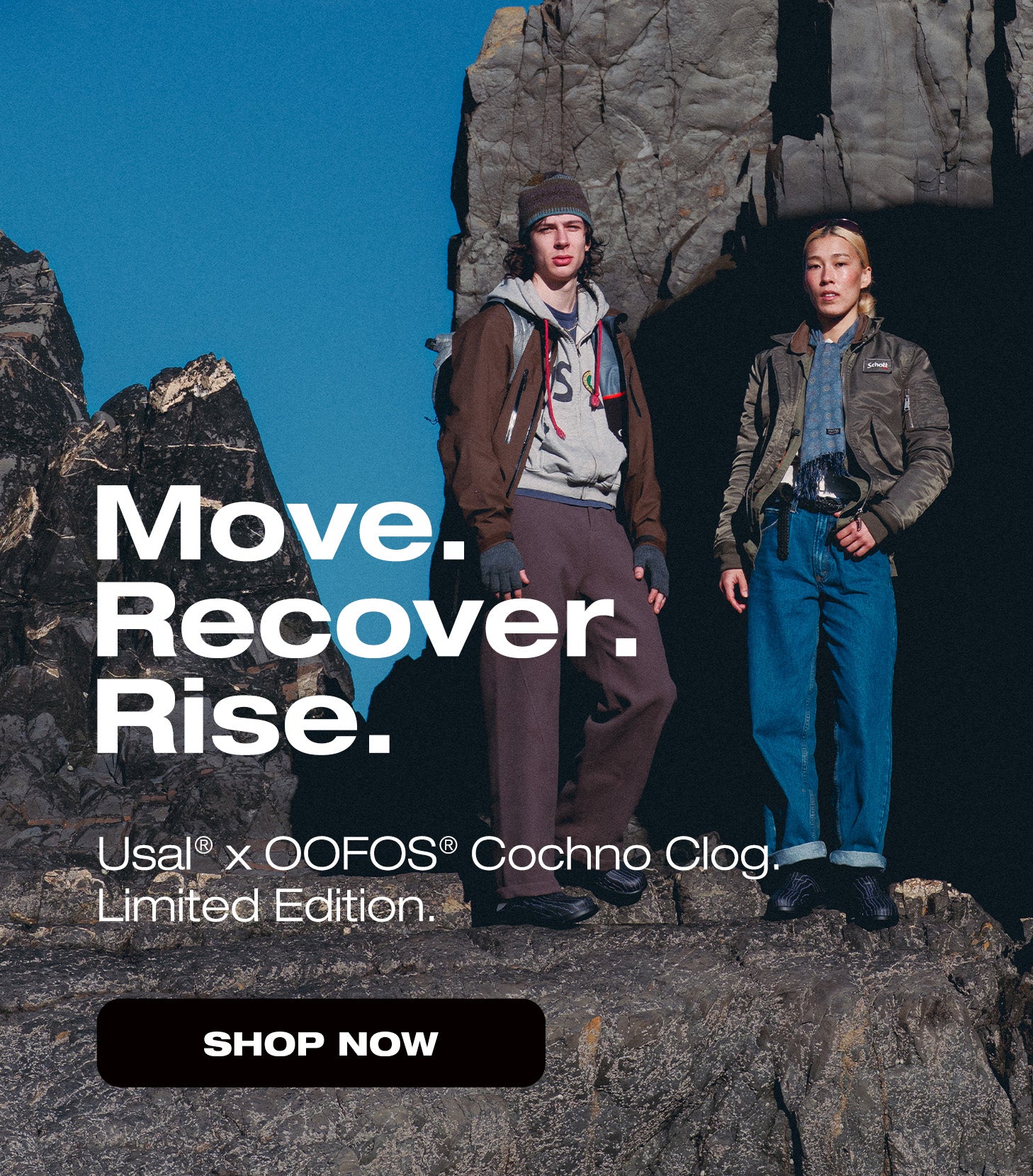 Two people standing on rocky terrain with promotional text for Usal x OOFOS Cochno Clog Limited Edition.