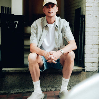 model sitting on step outside wearing oocloog nomad