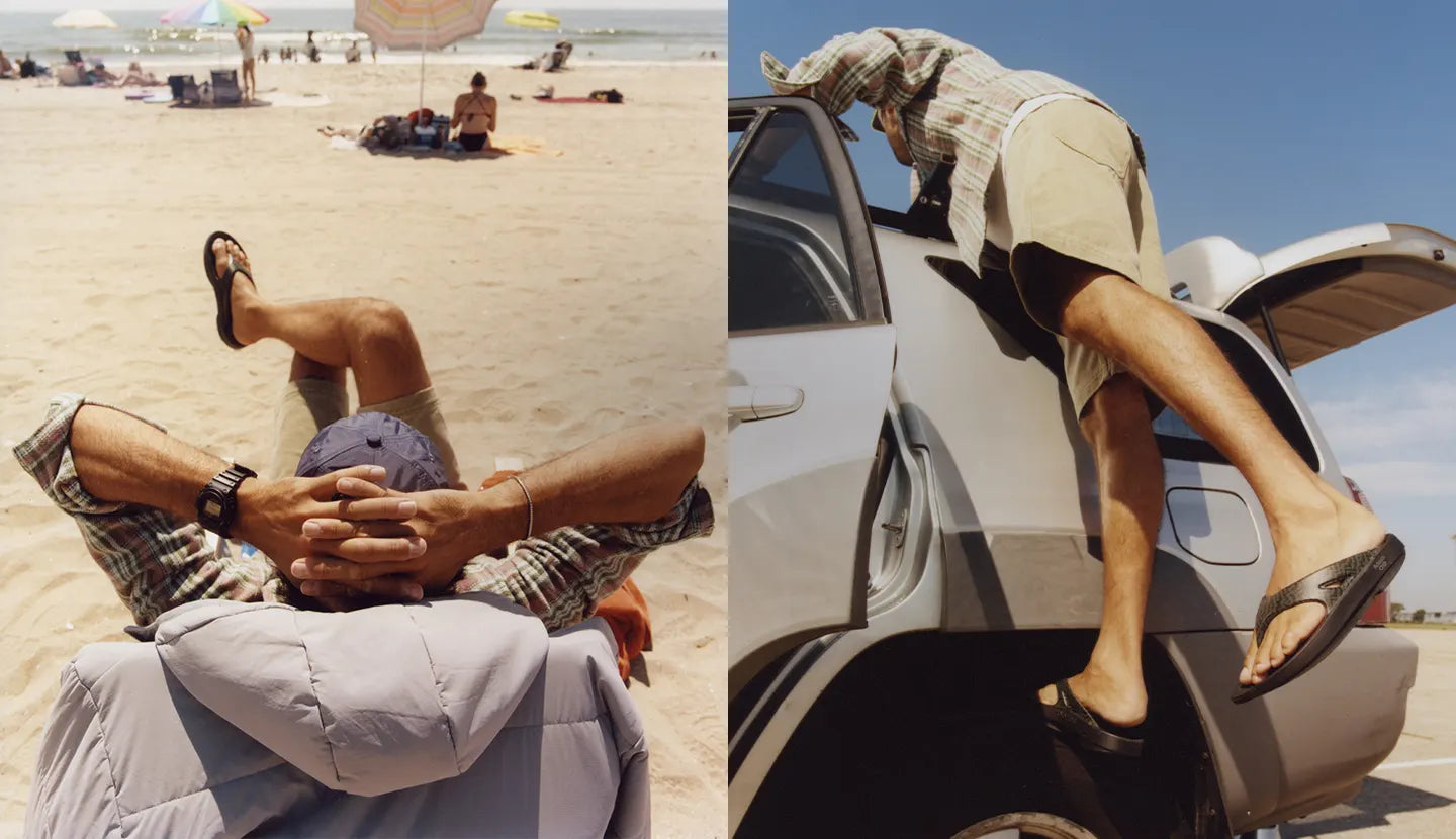 A masculine figure sitting in a beach chair with legs crossed, arms behind he head. On their feet are OOFOS × Adsum OOriginal Limited Sandals. The same figure is seen in another photo securing an item to the roof of a car, with the OOFOS × Adsum OOriginal Limited Sandals on their feet.