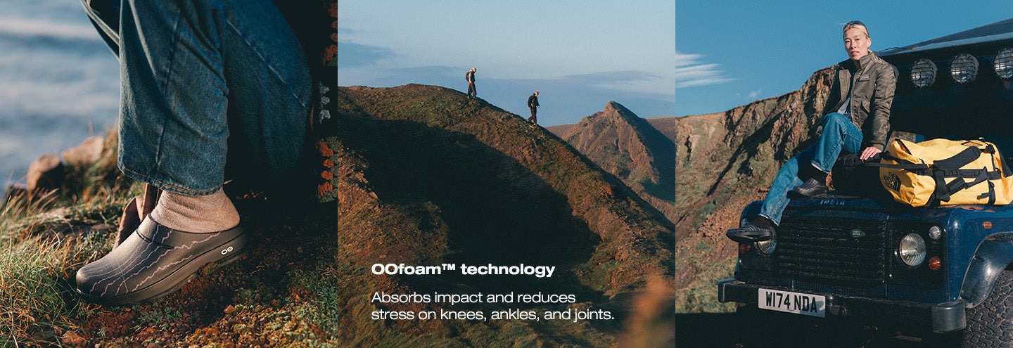 Collage of a person wearing shoes, a mountain landscape with OO foam Technology text, and a person sitting on a vehicle.