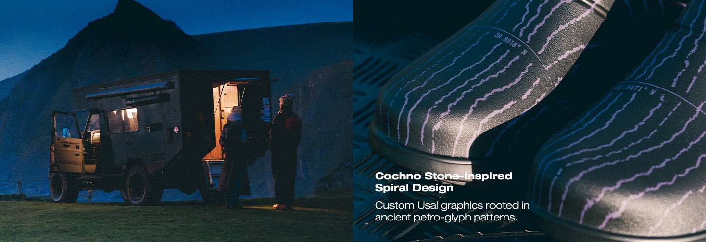 Truck with spiral design graphics at night, featuring Cochino Stone inspired Spiral Design text.
