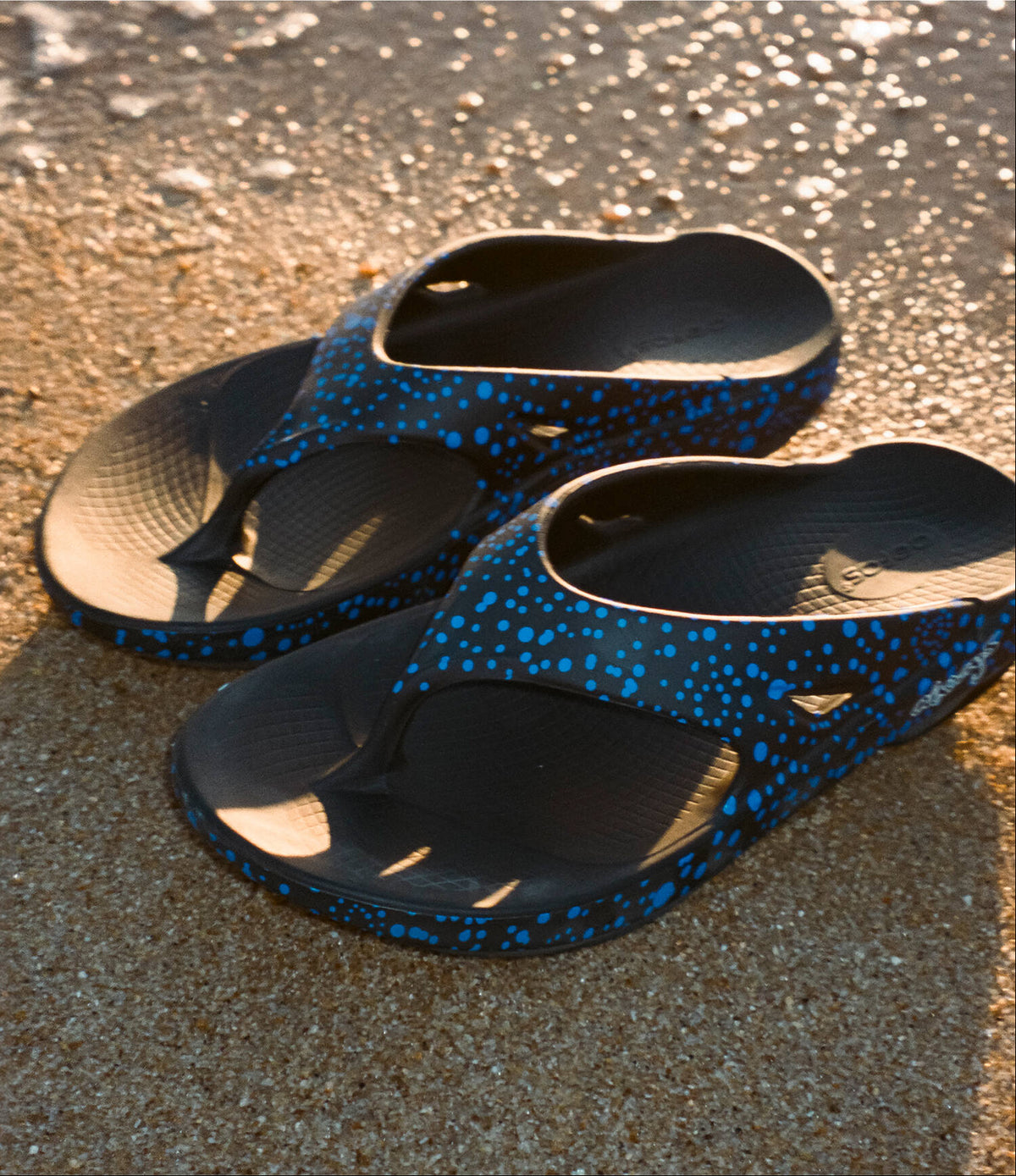 A pair of blue and black dotted flip-flop sandals on a sandy beach.