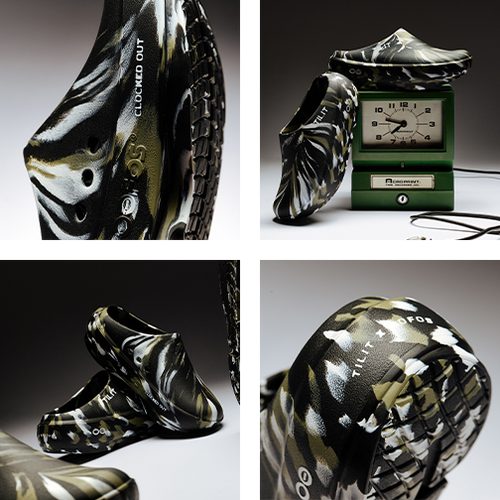 Camouflage-patterned shoes with 'Clocked Out' branding, displayed with a clock.