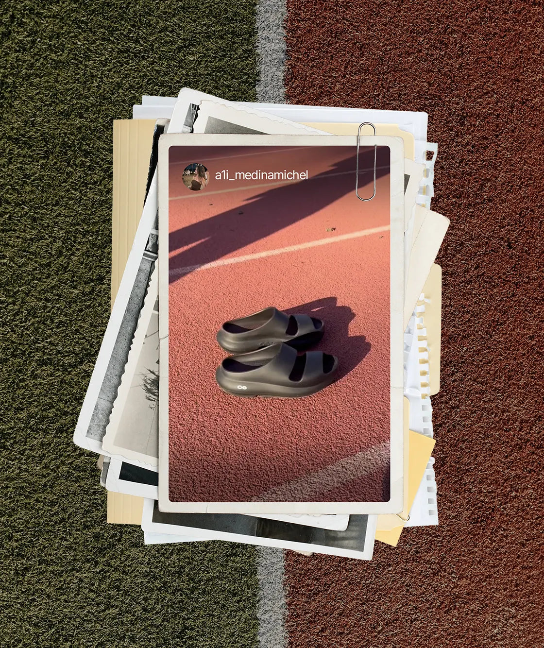 OOFOS slides on a running track, framed by photos