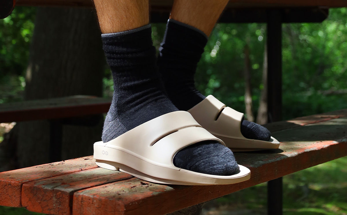 Men's OOahh Slide Sandal - Nomad close up image of model in shoes | lifestyle